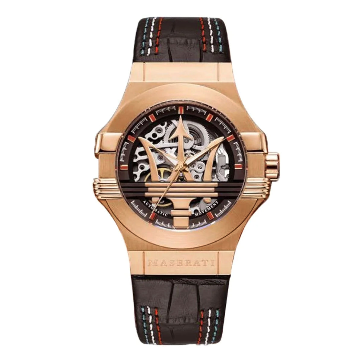 Luxury watch with rose gold case and black leather strap on a white background