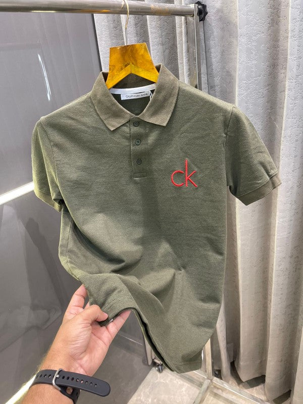 CLAVIN KLEIN OLIVE GREEN PRINTED PREMIUM POLO T-SHIRT WITH BRAND BOX ND CARRY BAG