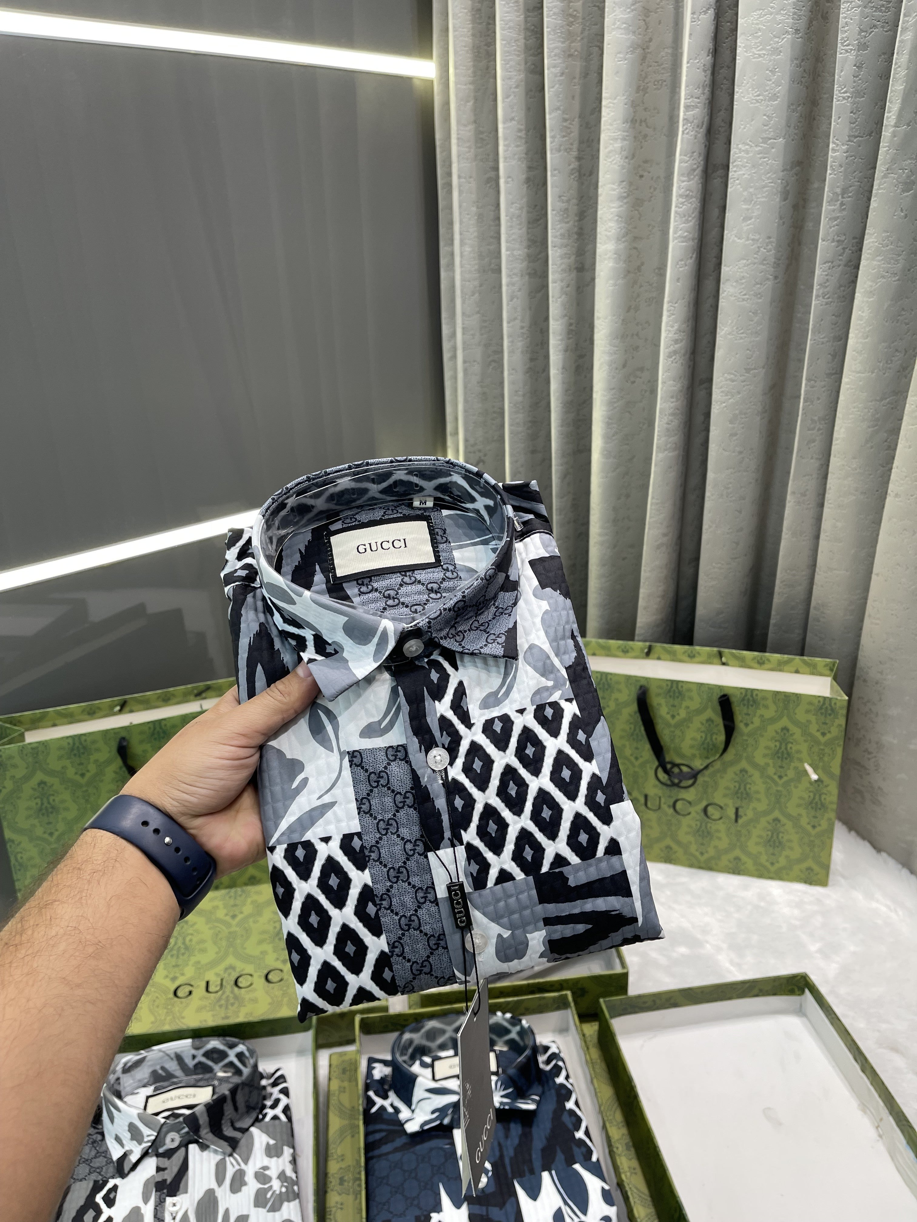 GUCC.I GREY MONOGRAM PRINT PREMIUM SHIRT WITH BRAND BOX ND CARRY BAG