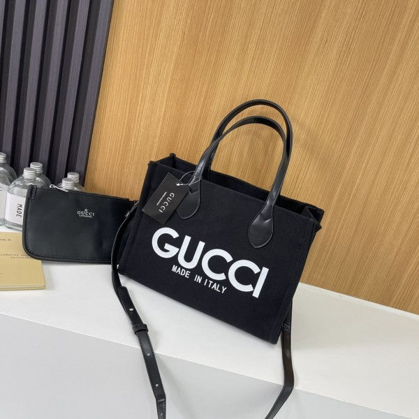 GUCC  I TOTE CANVAS LEATHER PRINT LOGO  BLACK