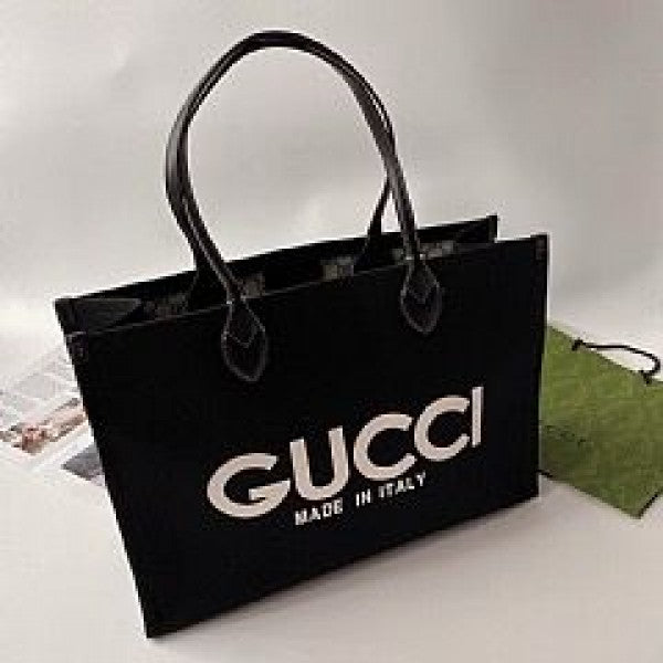 GUCC  I TOTE CANVAS LEATHER PRINT LOGO  BLACK