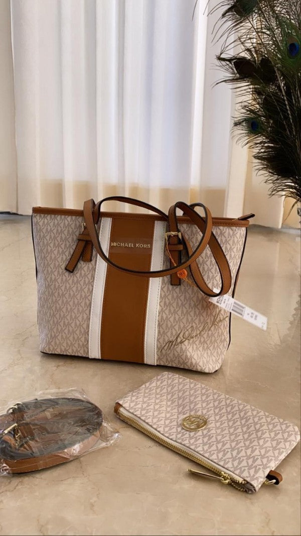MICHEAL KOR  S VOYAGER STRIPE WITH WHITE TOTE WITH POUCH & SLING BELT