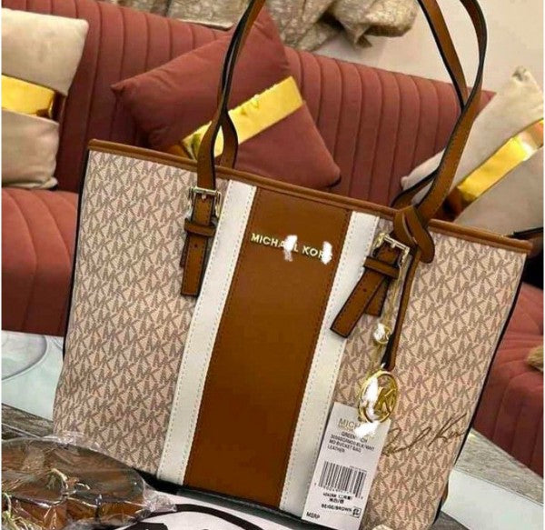 MICHEAL KOR  S VOYAGER STRIPE WITH WHITE TOTE WITH POUCH & SLING BELT