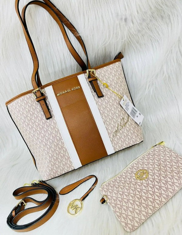 MICHEAL KOR  S VOYAGER STRIPE WITH WHITE TOTE WITH POUCH & SLING BELT