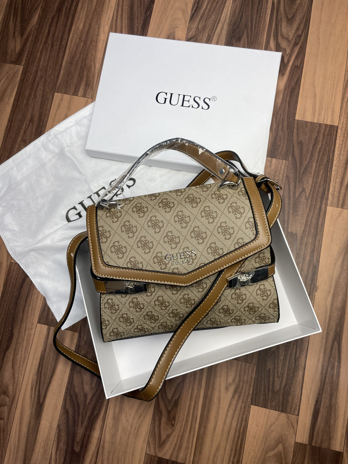 GUESS Zadie Logo Top Handle Flap Bag Powder Logo With Og box 303