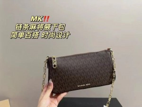 Michael Kor  s Empire Medium Leather Chain Link Pochette   9330 CoffeeBrown With Dust Bag