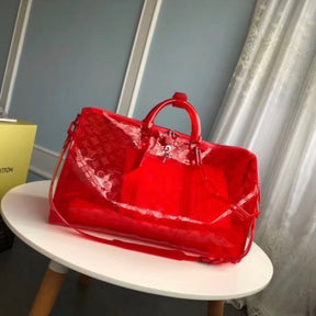 Louis  Vuitton  Keepall  Bandouliere  50  Red  Transparent  Travel  Duffle  Bag  With  Dust  Bag   (L 810)