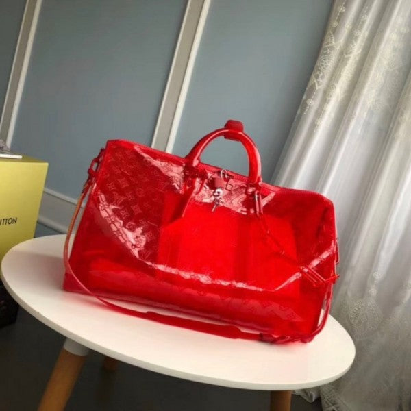Louis  Vuitton  Keepall  Bandouliere  50  Red  Transparent  Travel  Duffle  Bag  With  Dust  Bag   (L 810)