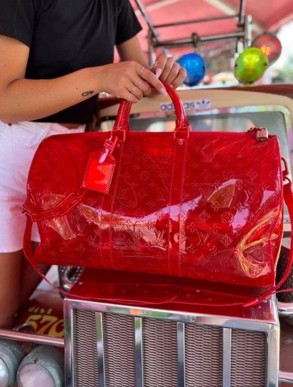 Louis  Vuitton  Keepall  Bandouliere  50  Red  Transparent  Travel  Duffle  Bag  With  Dust  Bag   (L 810)