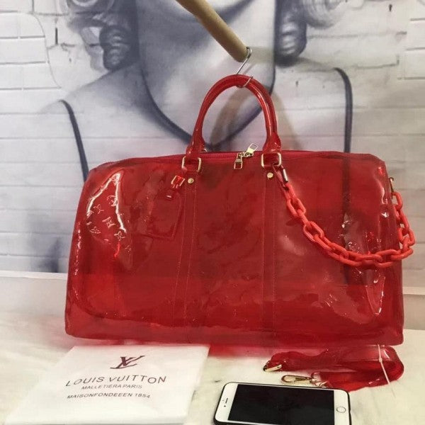 Louis  Vuitton  Keepall  Bandouliere  50  Red  Transparent  Travel  Duffle  Bag  With  Dust  Bag   (L 810)