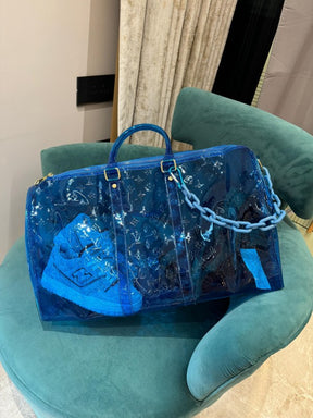 Louis  Vuitton  Keepall  Bandouliere  50  Blue  Transparent  Travel  Duffle  Bag  With  Dust  Bag  (L 810)