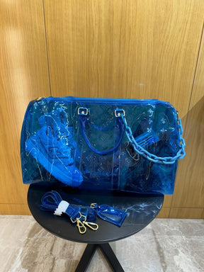 Louis  Vuitton  Keepall  Bandouliere  50  Blue  Transparent  Travel  Duffle  Bag  With  Dust  Bag  (L 810)