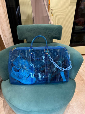 Louis  Vuitton  Keepall  Bandouliere  50  Blue  Transparent  Travel  Duffle  Bag  With  Dust  Bag  (L 810)