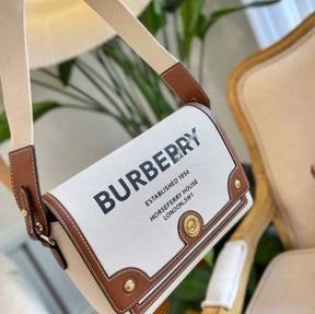 Burberry  Horseferry  Canvas  Leather  Shoulder  Bag  Beige  Brown  With  OG  Box  &  Dust  Bag  1208  White  Canvas