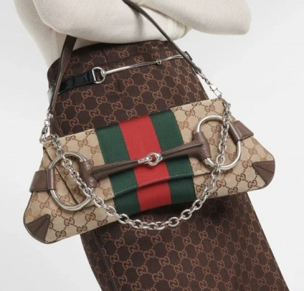 GUCC  I  Horsebit Small Gg Canvas Shoulder Bag With Red magnetic box 417