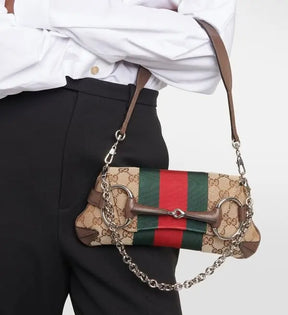 GUCC  I  Horsebit Small Gg Canvas Shoulder Bag With Red magnetic box 417