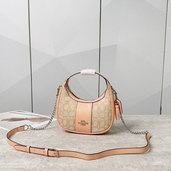 Coach  Carmen  Mini  Crossbody  In  Signature  Jacquard  Light  Apricot  Cloth  With  Pink  With  OG  Box  &  Dust  Bag  (2750)