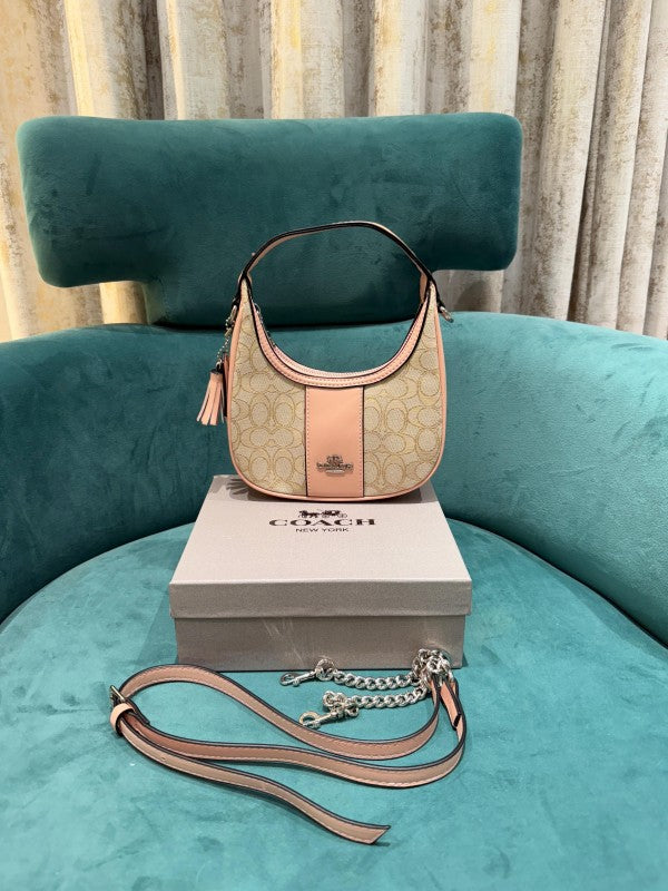 Coach  Carmen  Mini  Crossbody  In  Signature  Jacquard  Light  Apricot  Cloth  With  Pink  With  OG  Box  &  Dust  Bag  (2750)