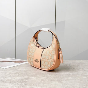 Coach  Carmen  Mini  Crossbody  In  Signature  Jacquard  Light  Apricot  Cloth  With  Pink  With  OG  Box  &  Dust  Bag  (2750)