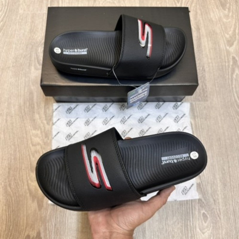 SKECHER.S hyper burst soft premium white red logo black flip flop