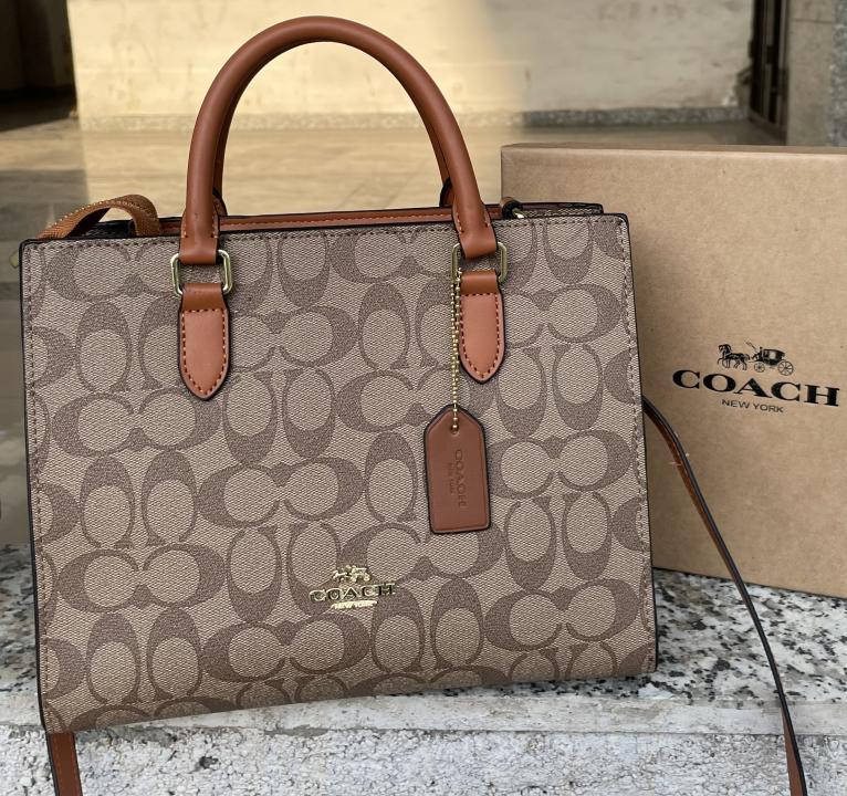 Coac  h Maggie Small Tote Bag In Blocked Signature Canvas with extra long sling & with box 454