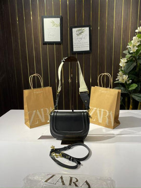 Zara  saddle  canvas  broad  strap  crossbody  bag  with  caryy  bag(black)
