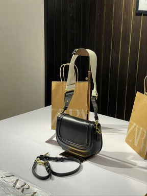 Zara  saddle  canvas  broad  strap  crossbody  bag  with  caryy  bag(black)
