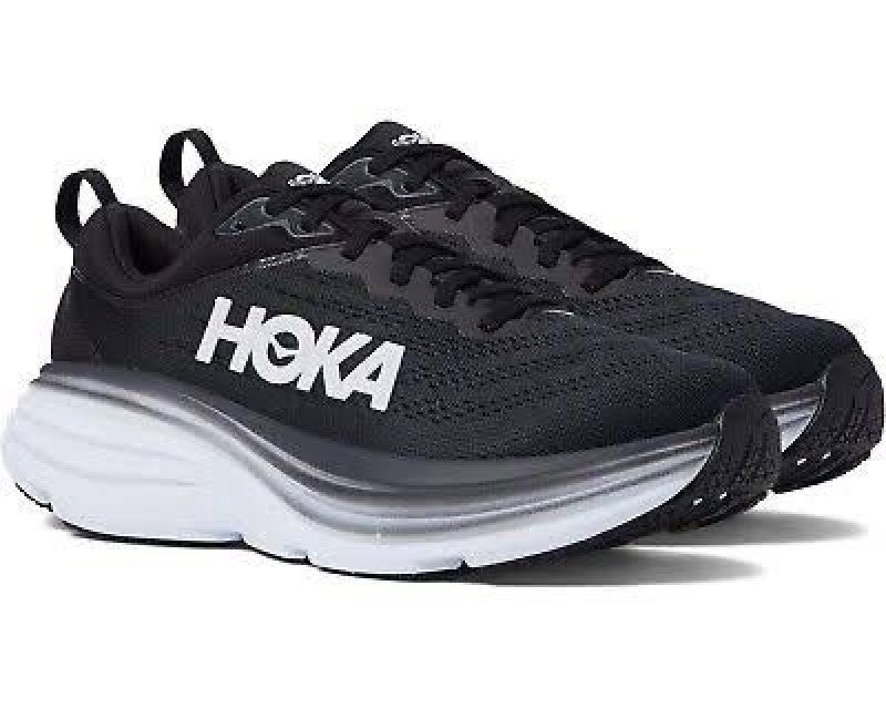 HOKA MENS BONDI 8 WHITEBLACK MESH COMFORTABLE ROBUST RUNNING SHOE