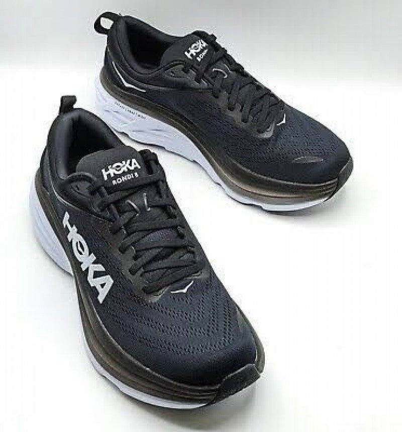 HOKA MENS BONDI 8 WHITEBLACK MESH COMFORTABLE ROBUST RUNNING SHOE