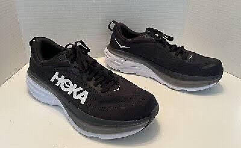 HOKA MENS BONDI 8 WHITEBLACK MESH COMFORTABLE ROBUST RUNNING SHOE