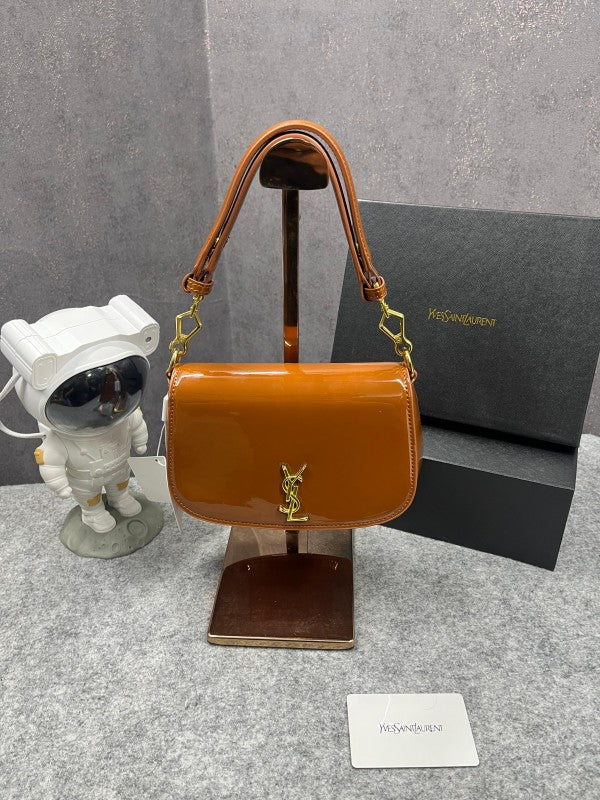 Ysl Saint Laurent Voltaire Top Handle In Patent Leather Brown 517