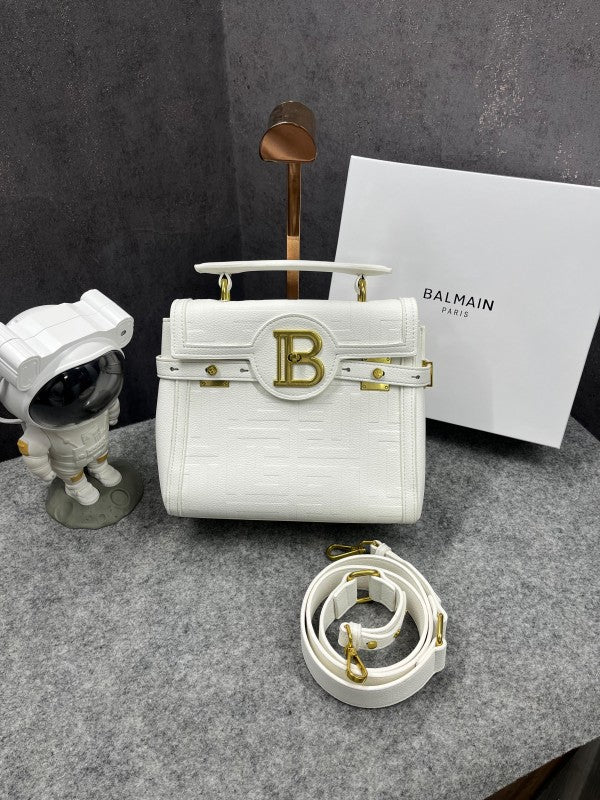 Balmain  B Buzz  23  Leather  Tote  Bag  With  OG  Box  &  Dust  Bag  Litchi  Grain  White