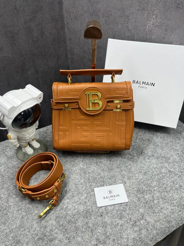 Balmain  B Buzz  23  Leather  Tote  Bag  With  OG  Box  &  Dust  Bag  Litchi  Grain  Brown