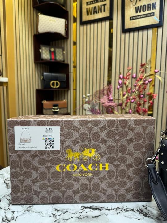 COAC  H GEORGIE SHOULDER BAG IN COLORBLOCK SIGNATURE CANVAS WITH RIVETS & OG BOX AND DUST BAG (BLACK)