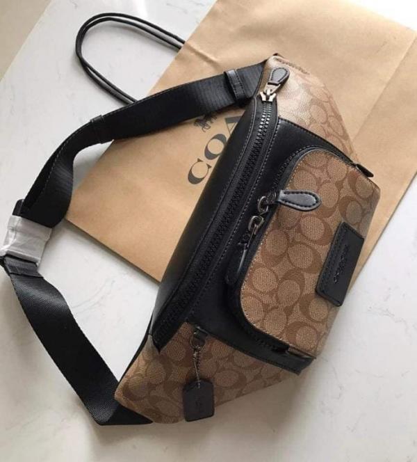 Coach  Unisex  Waist  Pouch  Track  Belt  Bag  Signature  Canvas  Gunmetal  Lock  With  Dust  Bag  (G1130  Apricot)