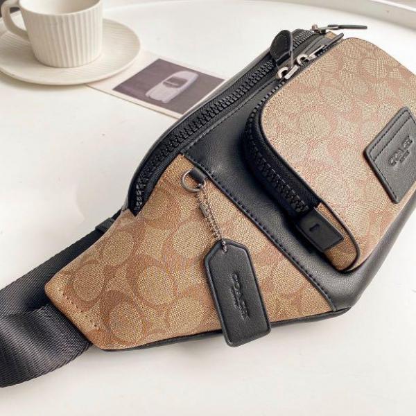 Coach  Unisex  Waist  Pouch  Track  Belt  Bag  Signature  Canvas  Gunmetal  Lock  With  Dust  Bag  (G1130  Apricot)