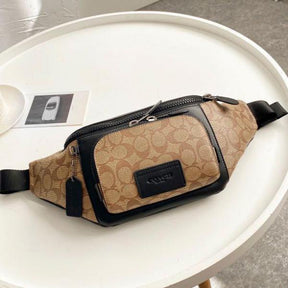 Coach  Unisex  Waist  Pouch  Track  Belt  Bag  Signature  Canvas  Gunmetal  Lock  With  Dust  Bag  (G1130  Apricot)