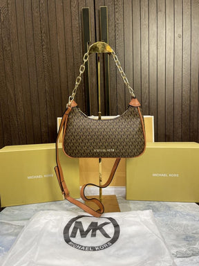Michael Michael Kors Cora Medium Signature PVC Zip Pouchette Crossbody Bag Brown with box & carry bag 69