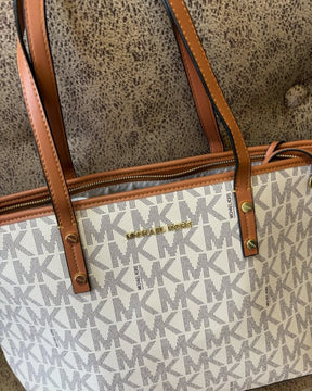 Michael  Kors  MK Voyager Tote Bag With Side Pocket & Dust Bag (Beige Brown 2003)