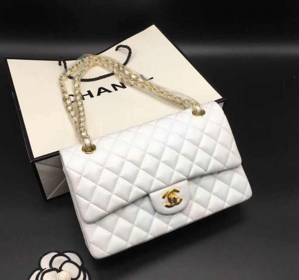 Chanel  Classic  Flap  White  Medium  Lambskin  With  OG  Box  &  Dust  Bag  1119  White  Gold