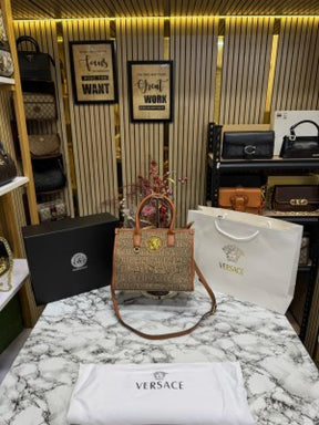 VERSACE LA MEDUSA HAND BAG WITH BOX AND DUST BAG INCLUDING CARRY BAG (BROWN)