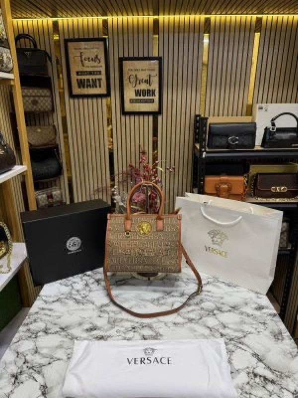 VERSACE LA MEDUSA HAND BAG WITH BOX AND DUST BAG INCLUDING CARRY BAG (BROWN)