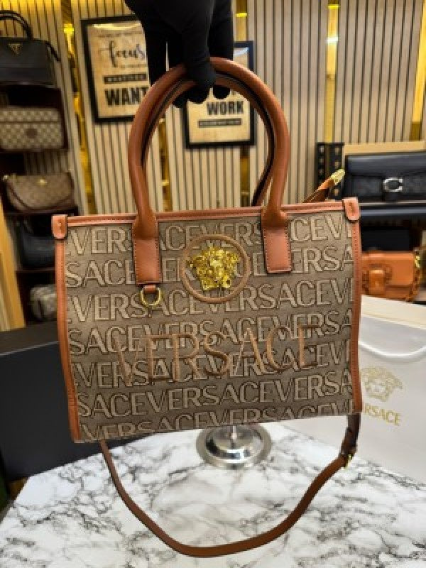 VERSACE LA MEDUSA HAND BAG WITH BOX AND DUST BAG INCLUDING CARRY BAG (BROWN)