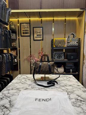 FEND  I LEATHER BOWLING HANDBAG WITH SLING PREMIUM QUALITY WITH DUST BAG (COFFEE BLACK)