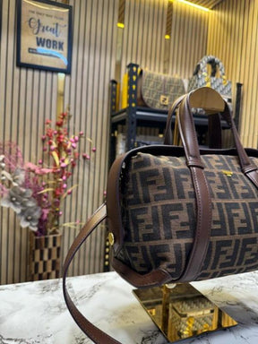 FEND  I LEATHER BOWLING HANDBAG WITH SLING PREMIUM QUALITY WITH DUST BAG (COFFEE BROWN)