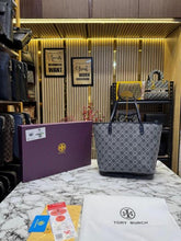 TORY BURC  H MONOGRAM CANVAS TOTE WITH POUCH WITH OG BOX AND DUST BAG PREMIUM QUALITY (BLUE)