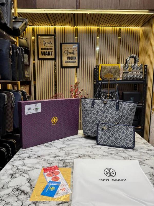 TORY BURC  H MONOGRAM CANVAS TOTE WITH POUCH WITH OG BOX AND DUST BAG PREMIUM QUALITY (BLUE)