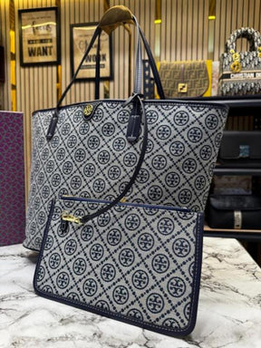 TORY BURC  H MONOGRAM CANVAS TOTE WITH POUCH WITH OG BOX AND DUST BAG PREMIUM QUALITY (BLUE)