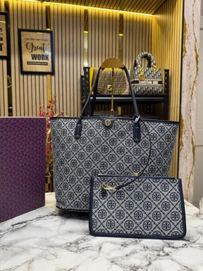 TORY BURC  H MONOGRAM CANVAS TOTE WITH POUCH WITH OG BOX AND DUST BAG PREMIUM QUALITY (BLUE)