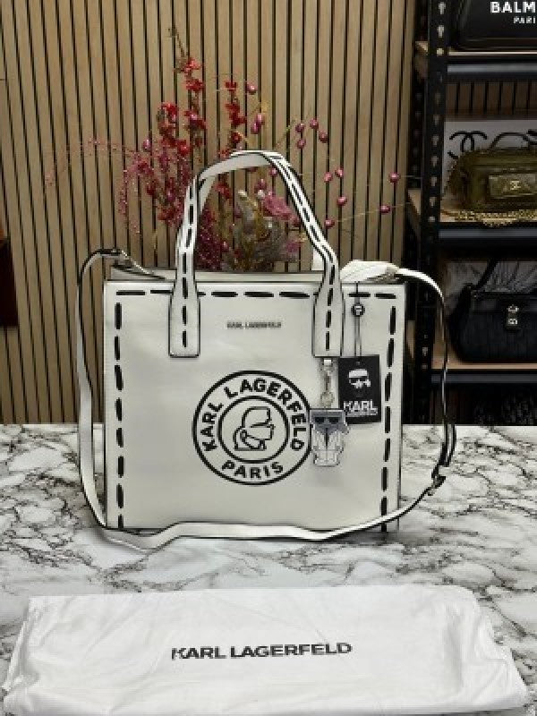 KARL LAGERFELD PARIS NOUVEAU LEATHER TOTE WITH DUST BAG PREMIUM QUALITY (WHITE)